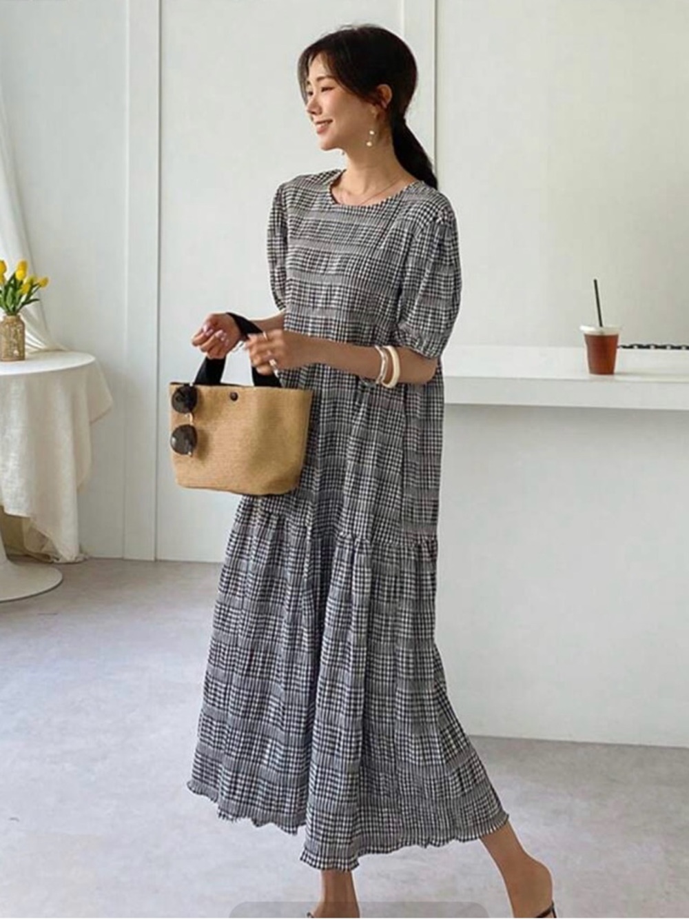 Checked Puff-Sleeve Maxi Dress - Black & White